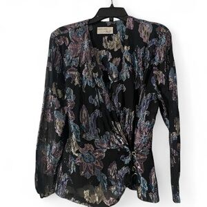 Vintage Ricki Lang for Nuit black iridescent floral wrap blouse